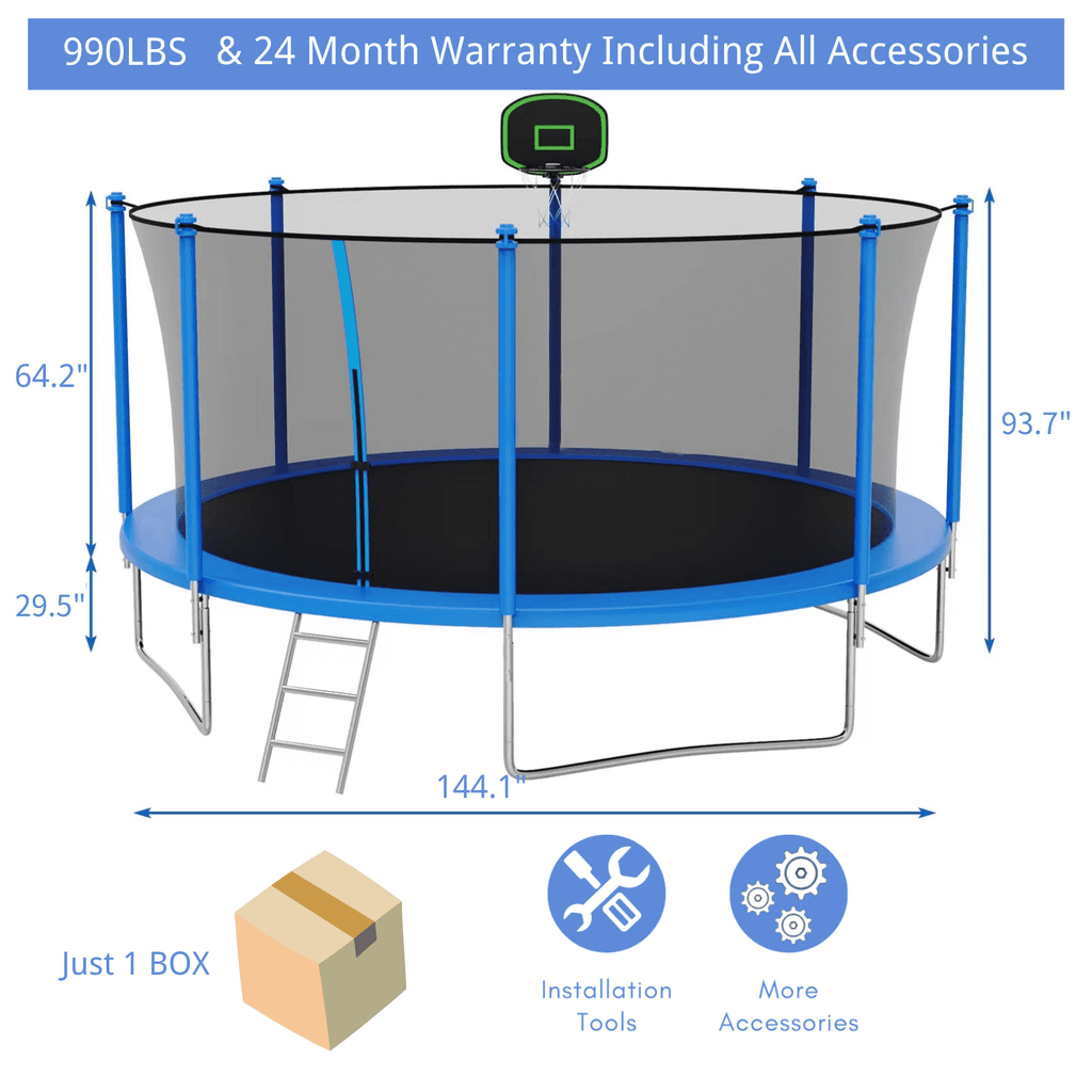 16FT Trampoline for 8-9 Kids Adults with Basketball Hoop, Ladder, Light, Sprinkler, Socks, Outdoor Heavy Duty Recreational Trampoline