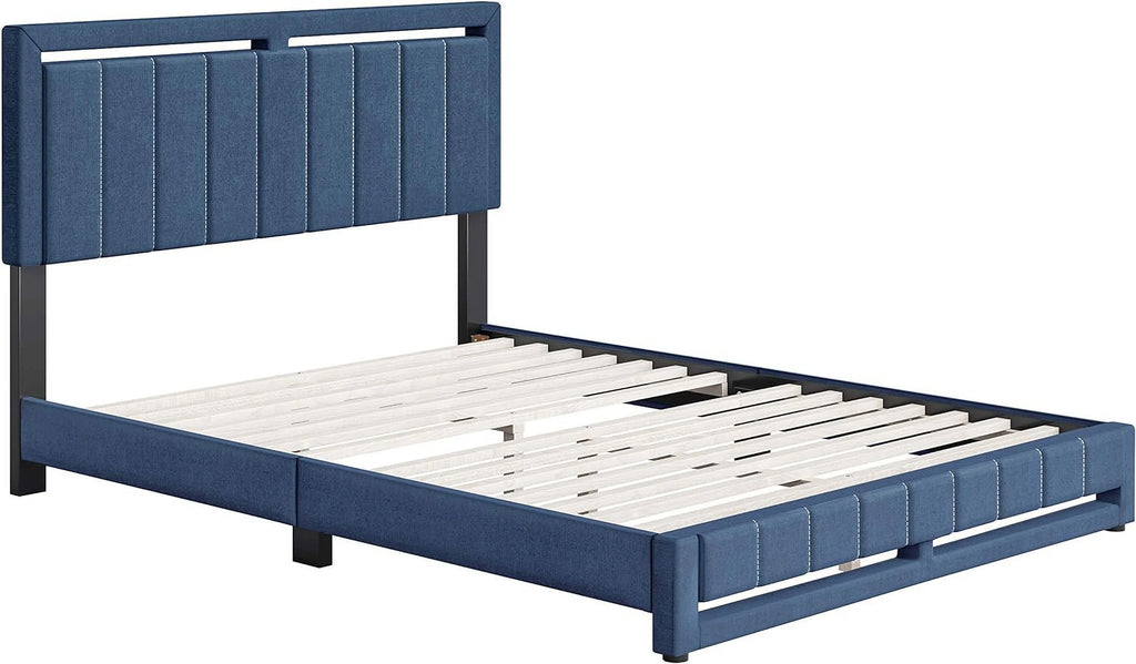 Beaumont Upholstered Platform Bed With Headboard, Mattress Foundation With Strong 14 Wood Slat Supports, No Box Spring Required, Blue Linen, Size King