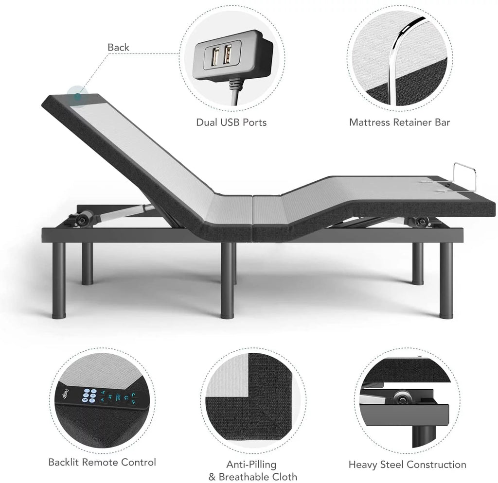 Adjustable Bed Frame Split King  Adjustable Bed Base for Stress Management  Zero Gravity Base  Head and Foot Incline with 3-Speed Massage  Anti-Snore  Memory Pre-Sets.