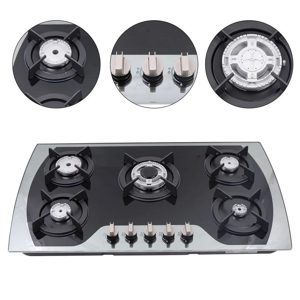 35 Inch Built-in Gas Cooktop 5 Burners Gas Stove Gas Hob Stovetop Stainless Steel Cooktop Cast Iron Grates, Black