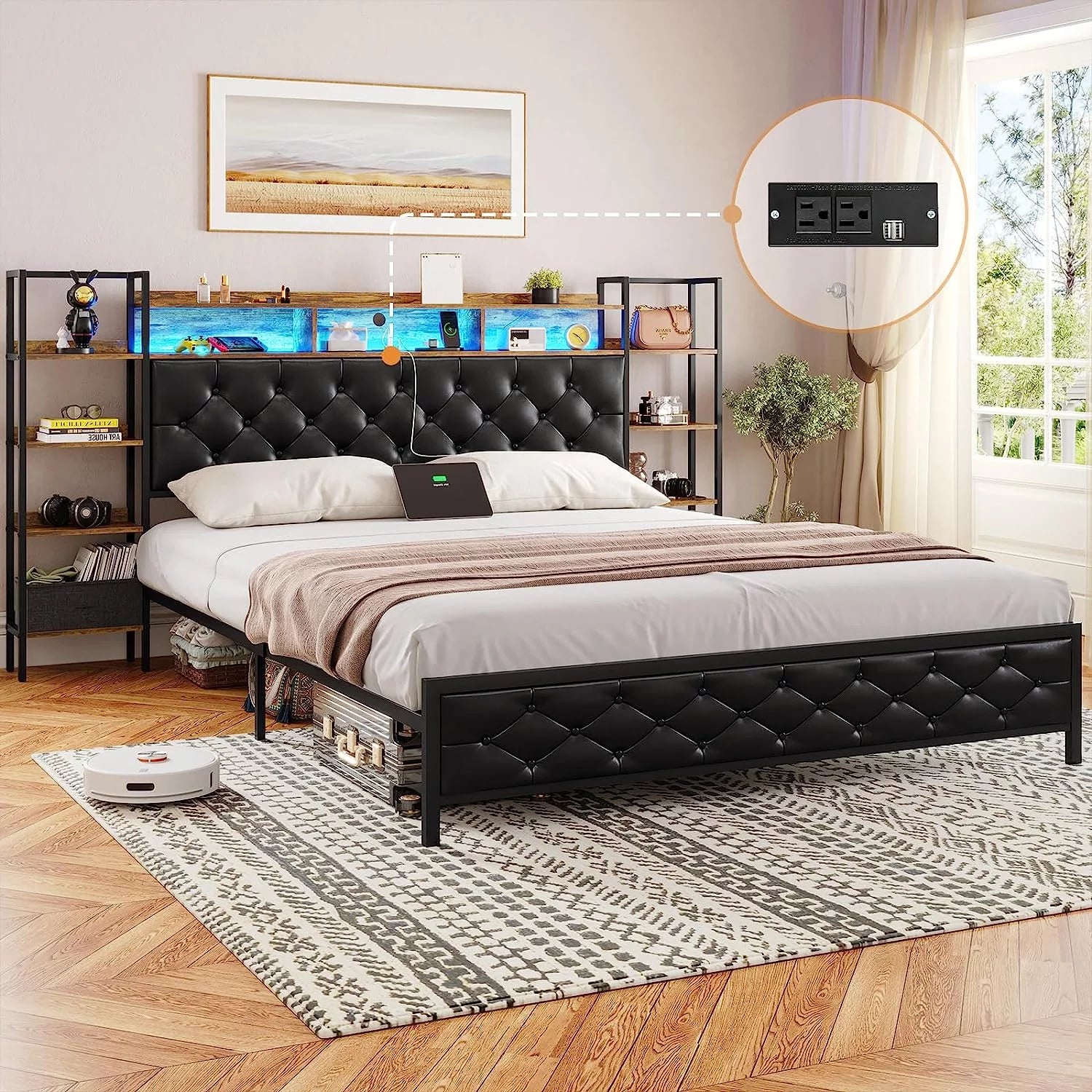 Afuhokles Queen LED Bed Frame with Bookcase Storage Headboard and Charging Station, Platform Bed Frame with Bookshelf and Tall Headboard, No Box Spring Needed, Black