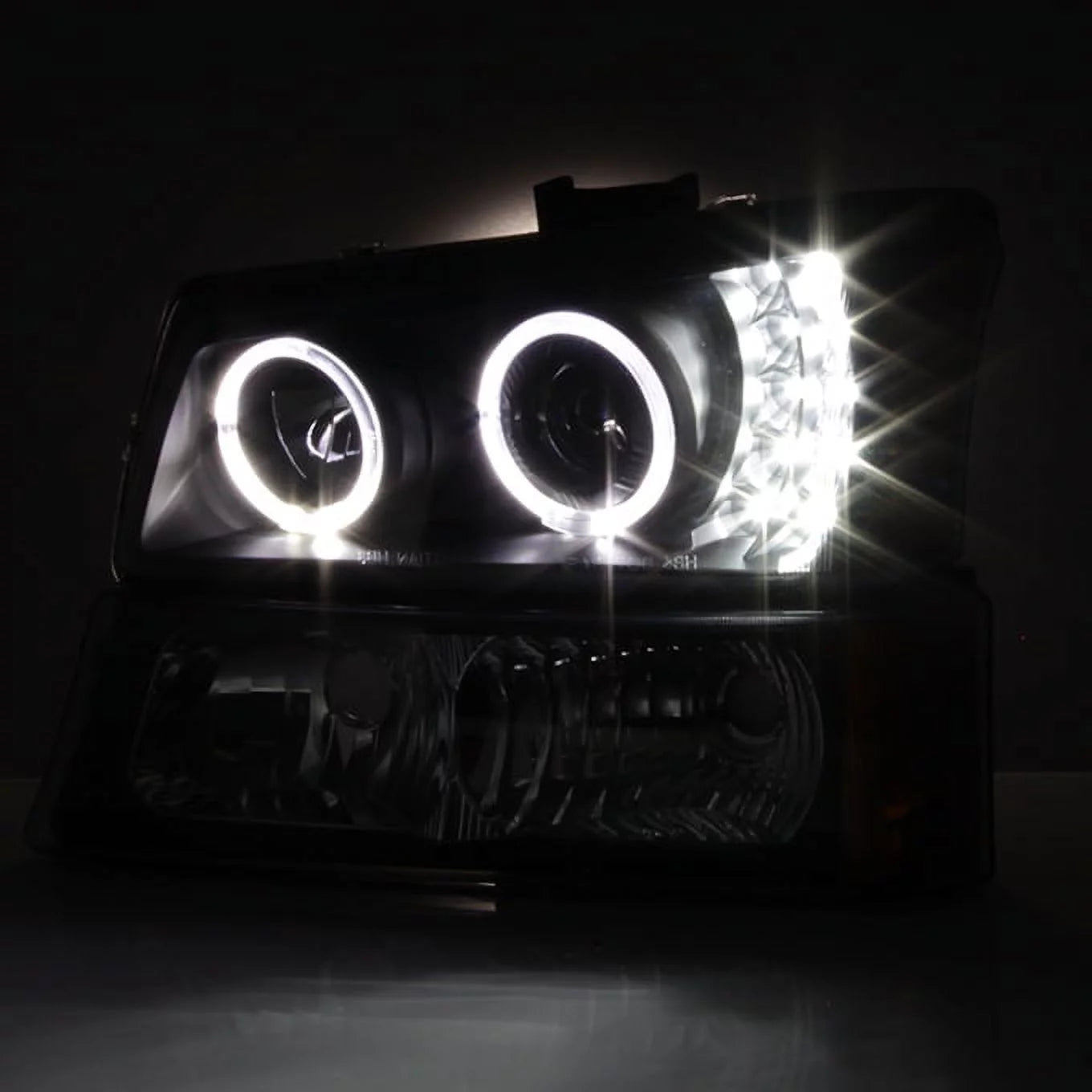 AKKON - For [Dual LED Halo Ring] 2003 - 2007 Chevy Silverado | 2003 - 2006 Avalanche Projector Headlights + Corner Bumper Lamp