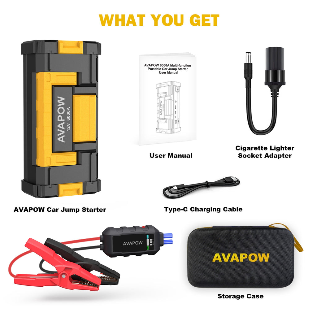 AVAPOW W68 6000A Car Battery Jump Starter(for All Gas or up to 12L Diesel) , Yellow