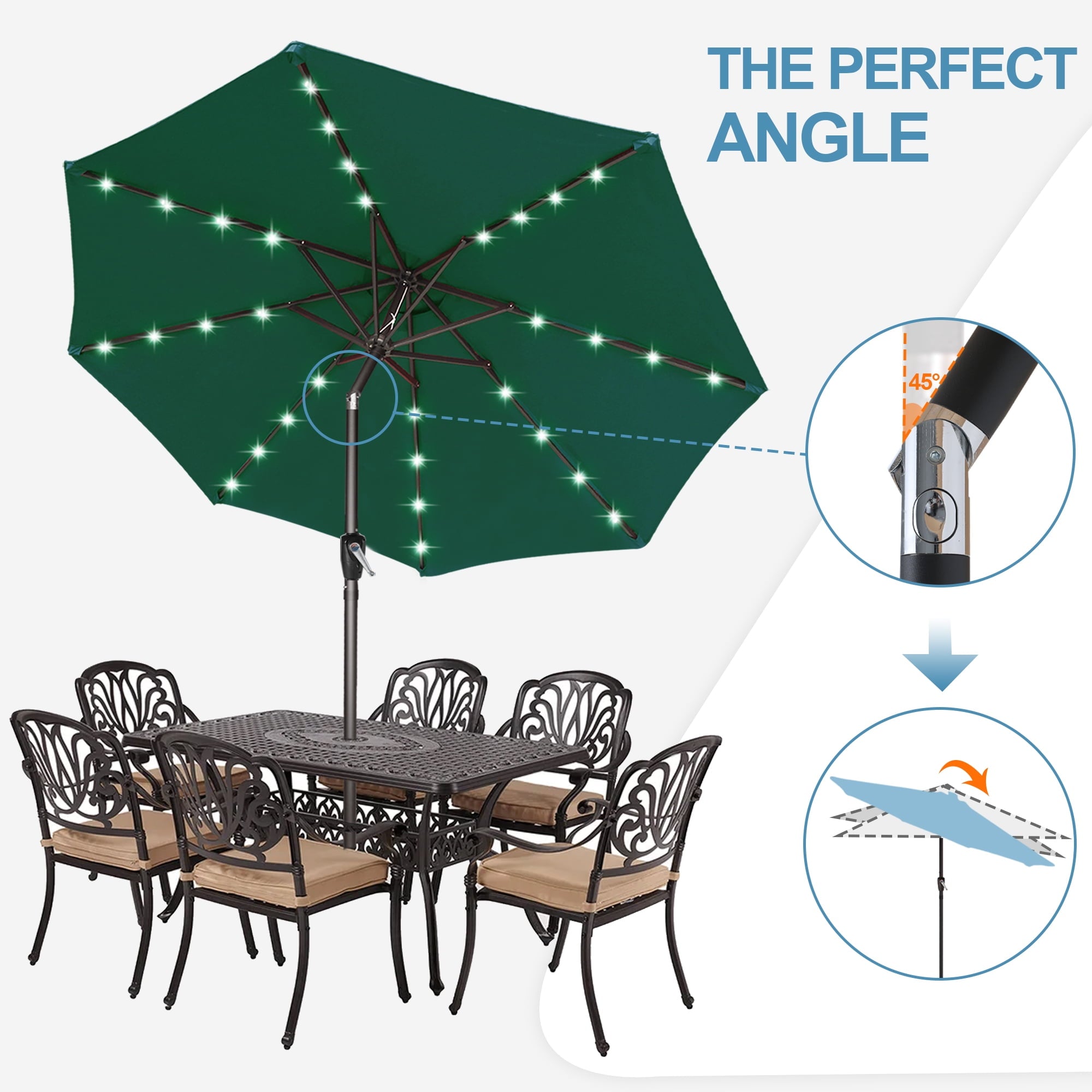 ABCCANOPY 7.5ft Patio Solar Umbrella LED Outdoor Umbrella with Tilt and Crank, Turquoise