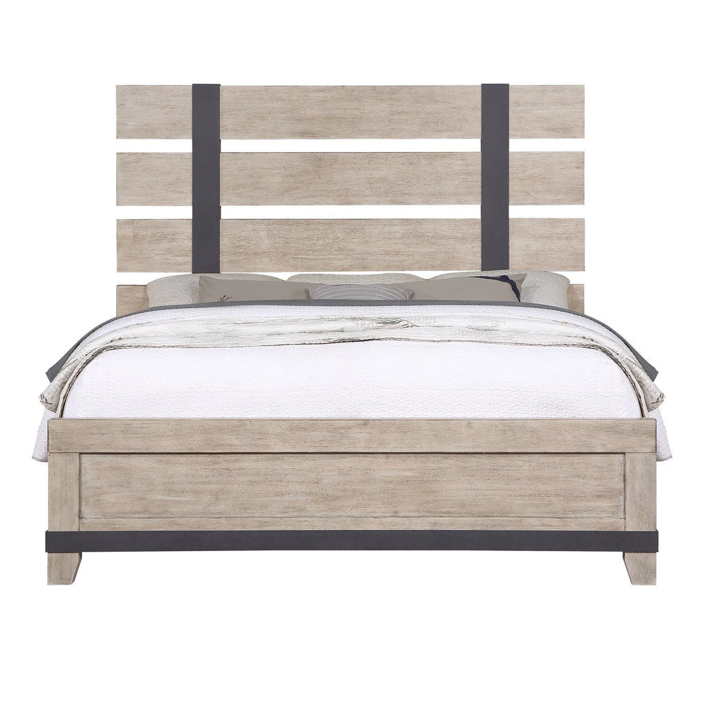 Arbela Wood Slatted Panel Bed, Queen, Weathered Oak Finish