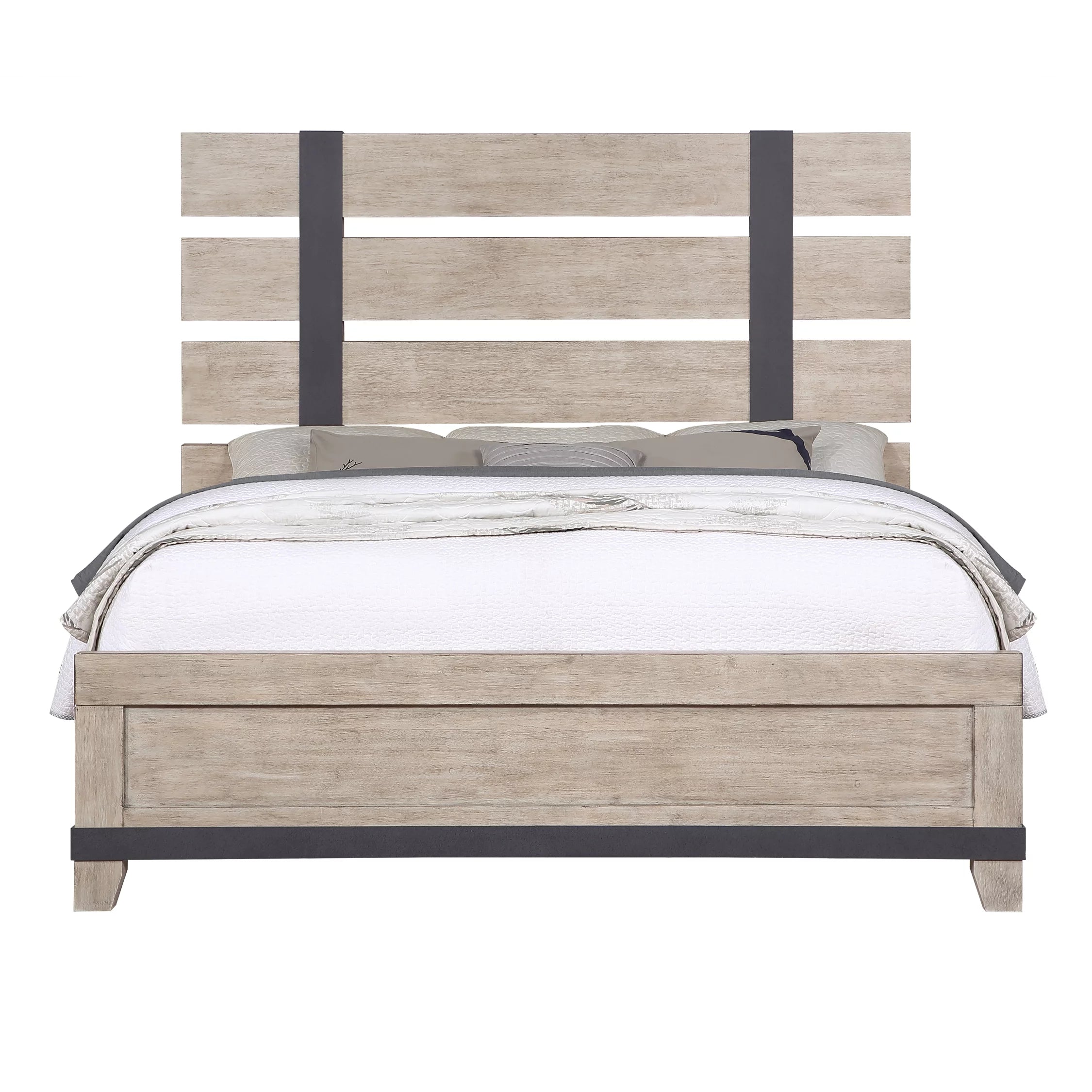 Arbela Wood Slatted Panel Bed, Queen, Weathered Oak Finish