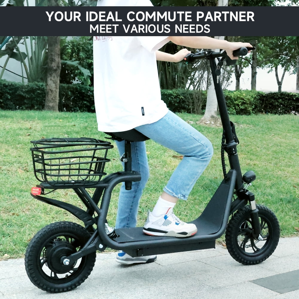 ARTUDATECH 500W Adult Shock Absorption Electric Scooter with Seat 12" Commuter Electric Scooter With Carry Basket - Up to 25 Miles 18.6MPH