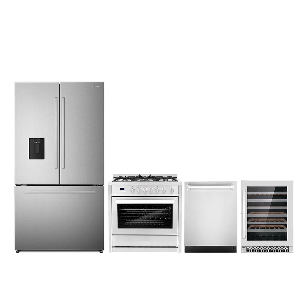 4 Piece Kitchen Package with 36" Freestanding Gas Range 24" Built-in Fully Integrated Dishwasher French Door Refrigerator & 48 Bottle Freestanding Wine Refrigerator