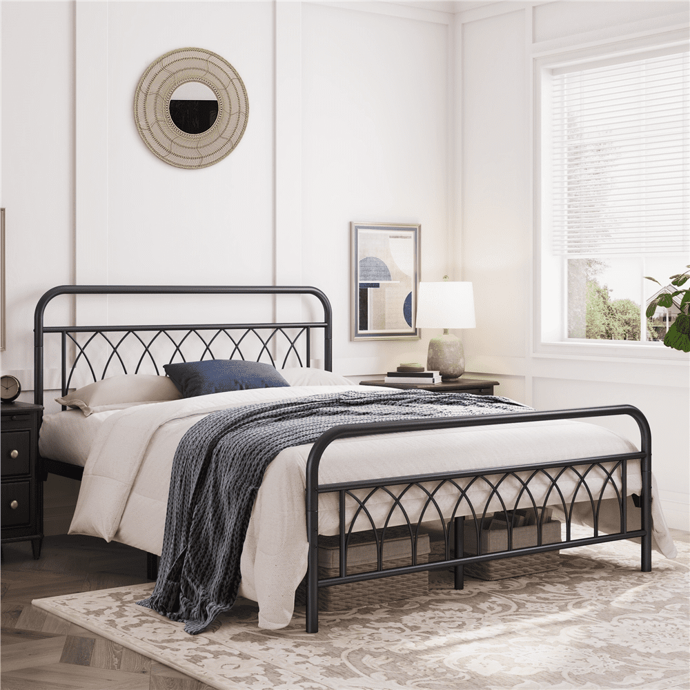 Alden Design Metal Platform Bed Frame with Headboard and Footboard, Twin, Antique Gold