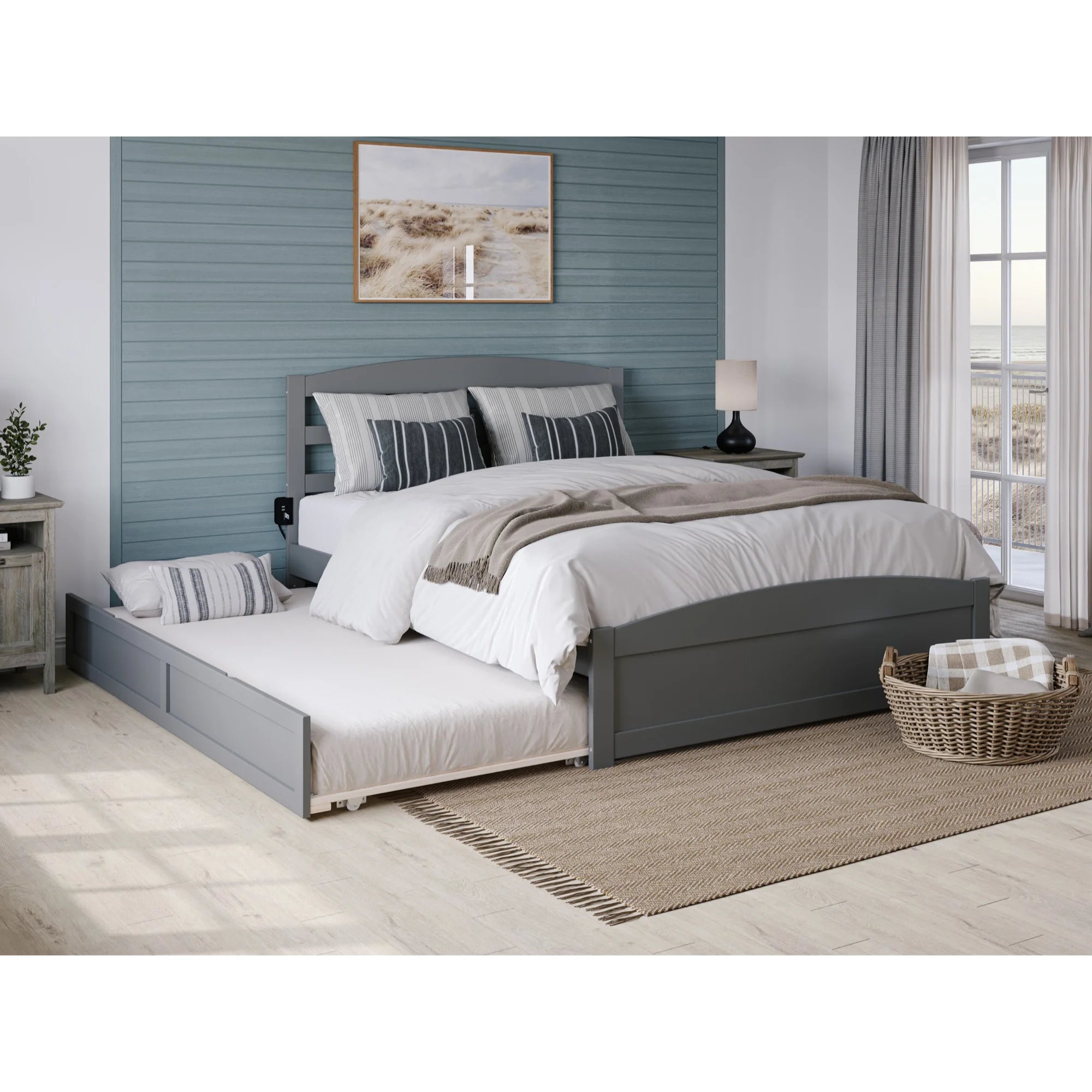 AFI Warren Solid Wood Full Bed w/ Footboard & Twin Trundle in Gray