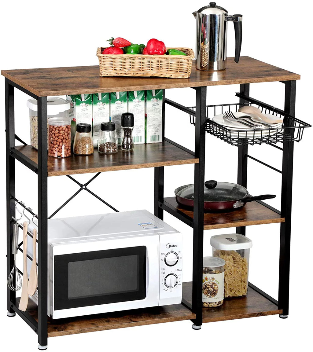 35" Industrial Kitchen Baker's Rack, Coffee Bar, Microwave Oven Stand Metal Frame, Wire Basket 6 Hooks Mini Oven
