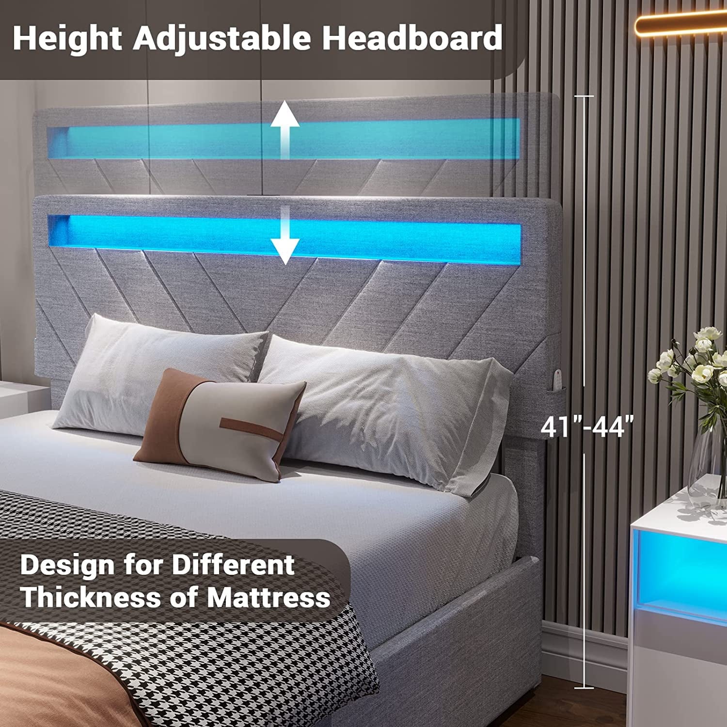 Afuhokles Queen Bed Frame with LED Lights Headboard, 4 Drawers,2 USB Charging Station, Upholstered Platform Bed, Dark Gray