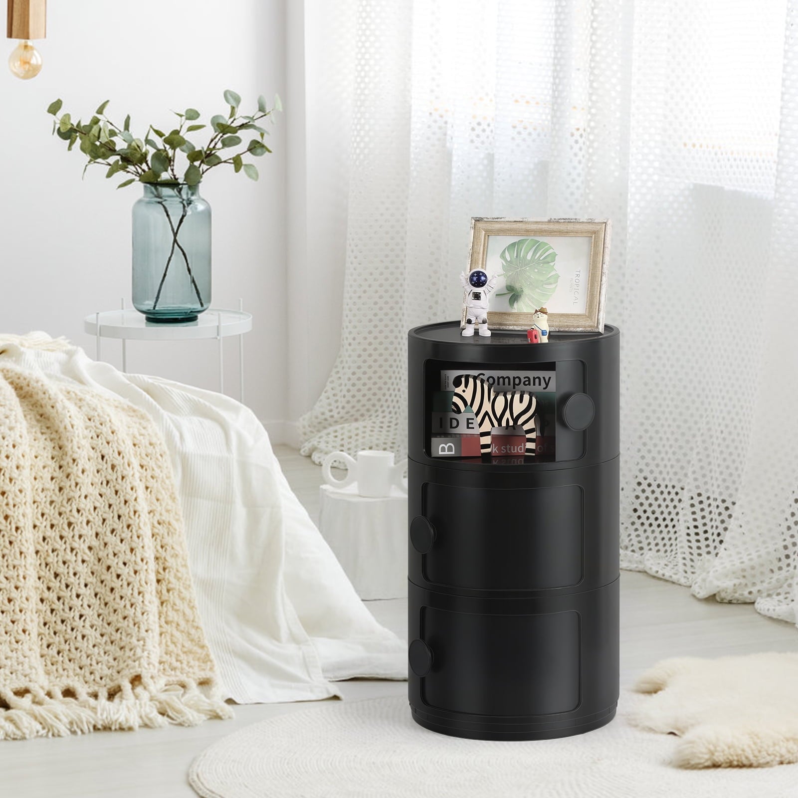 3 Drawer Sliding Barrel Modern Bedroom Nightstand, White