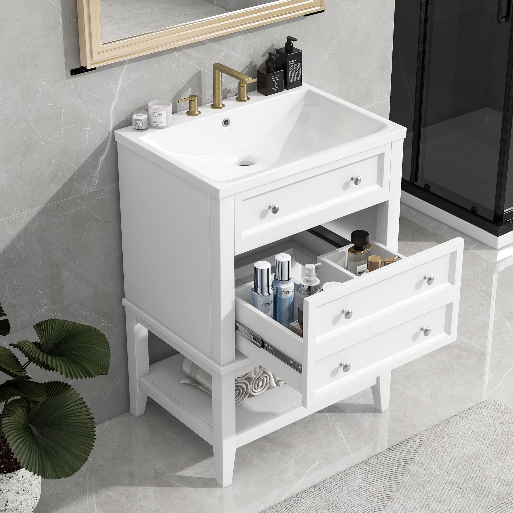 24 White Bathroom Vanity with Sink, Storage Cabinet and Drawer - Solid Wood Frame - Space-saving Solution for Small Bathrooms