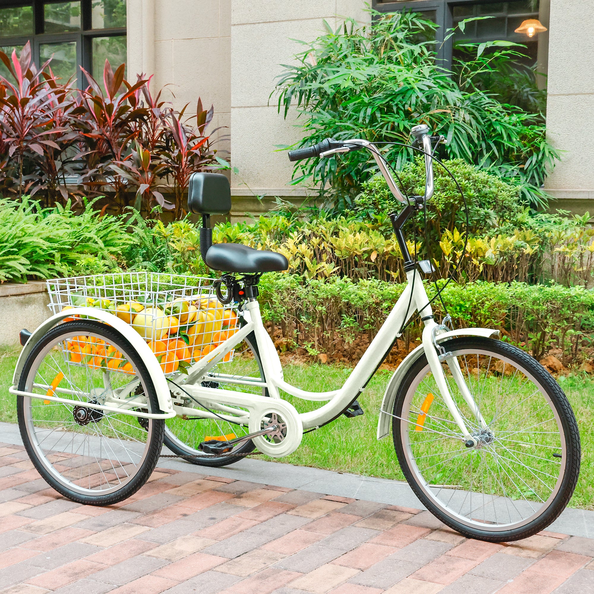 ARTUDATECH 7-Speed Adult Tricycle 24" Purple Three-Wheeled 3 Wheel Cruiser Bike with Seat and Rear Basket for Shopping,Commuting,Camping