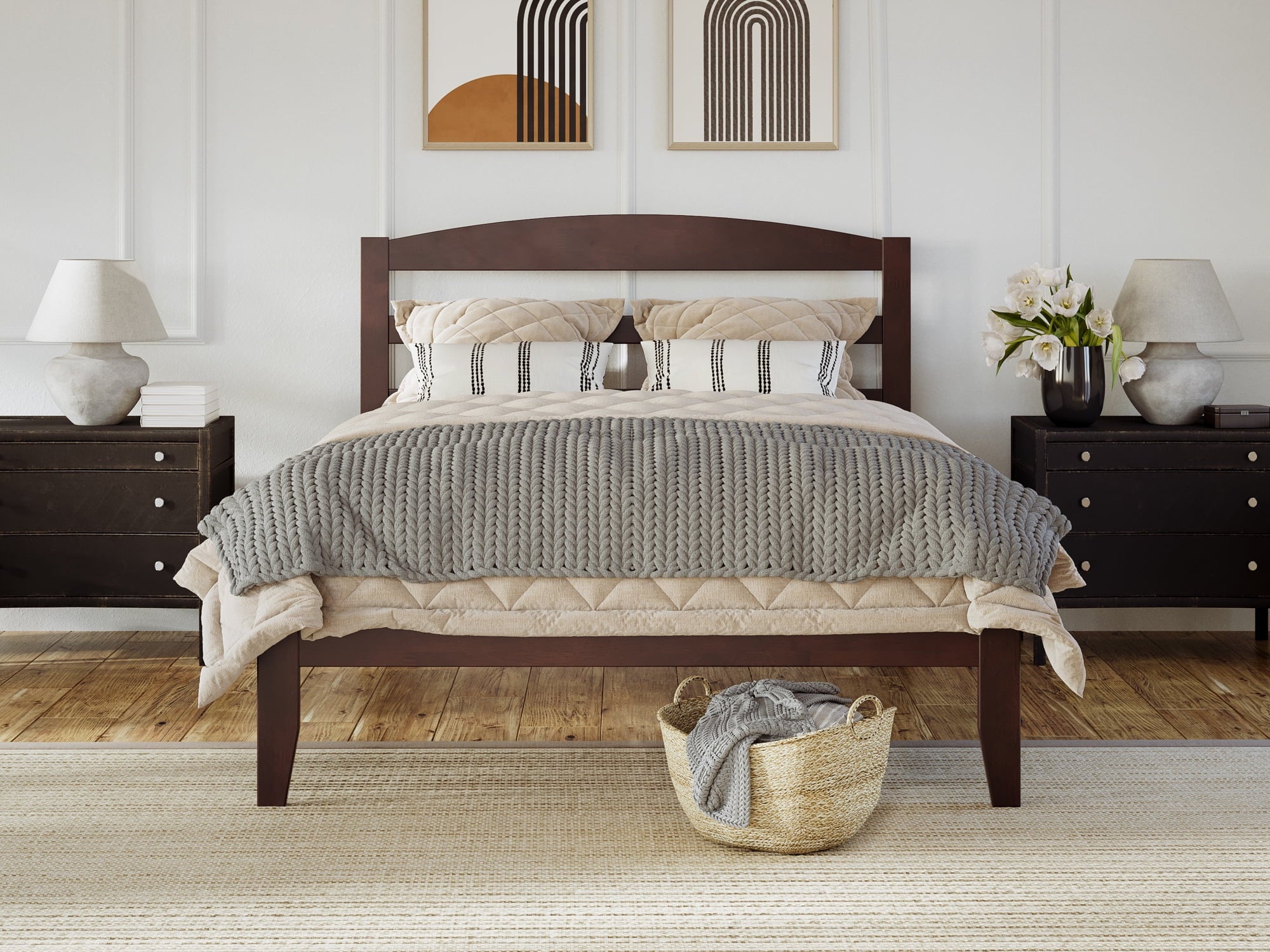 AFI Warren 14" Full Wood Platform Bed Frame with Slatted Headboard, Walnut