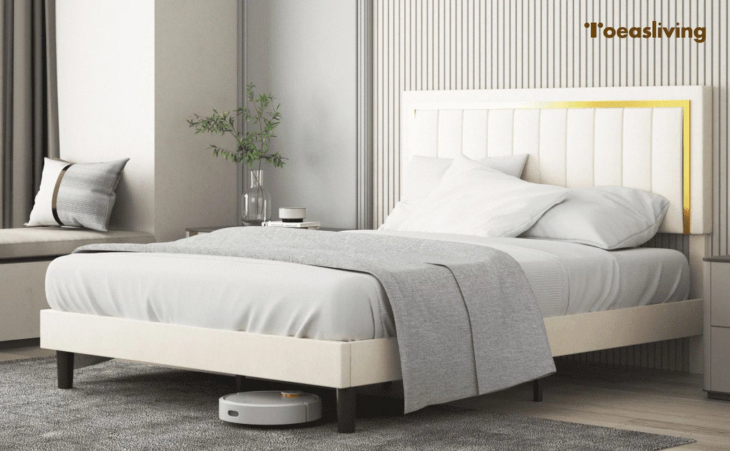 Bed Frame Upholstered Platform with Gold Trim Upholstered and Strong Wooden Slats, Strong Weight Capacity, Non-Slip and Noise-Free, Easy Assembly,Beige