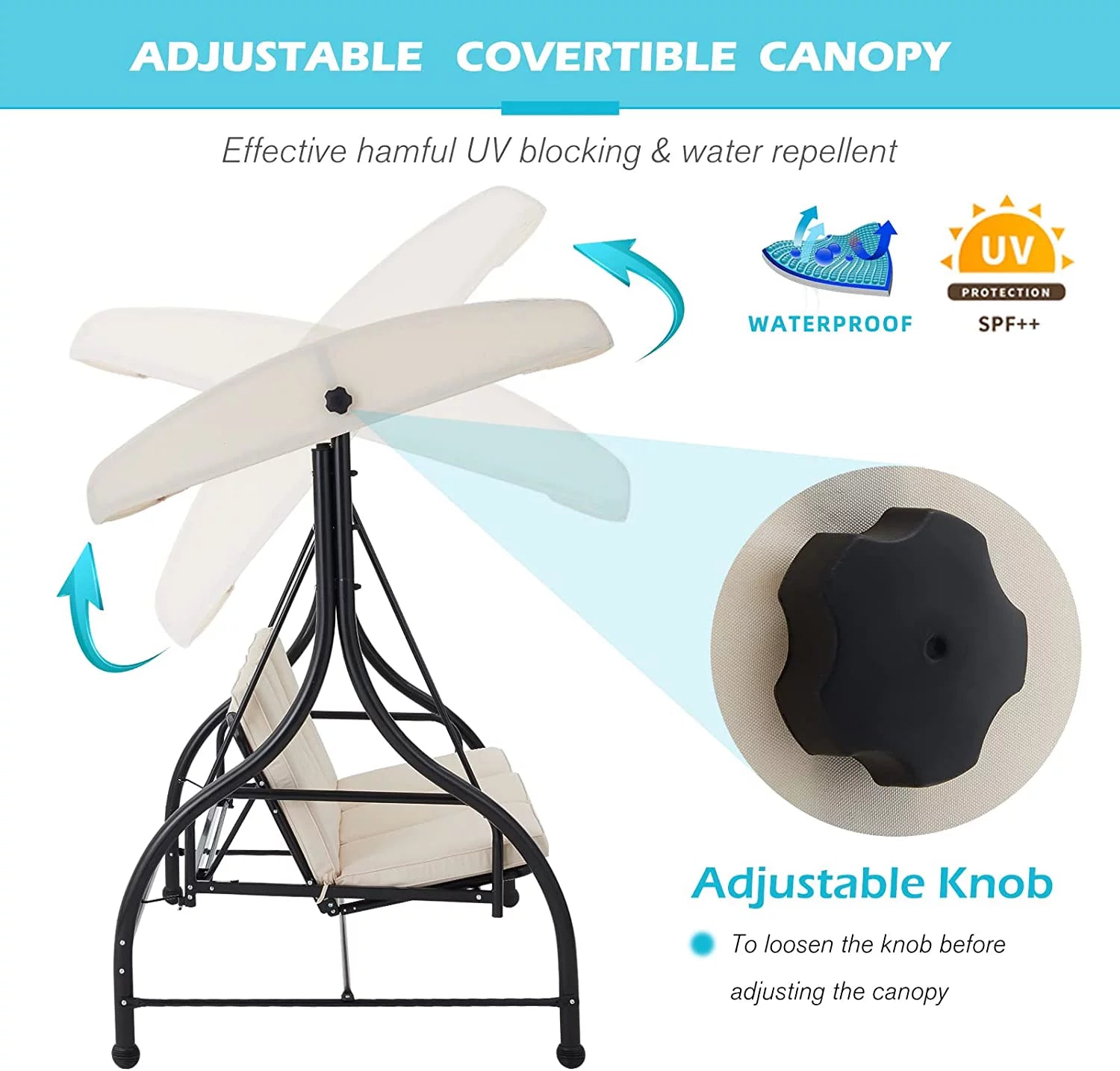 3-Seat Outdoor Porch Swing with Adjustable Backrest and Canopy, w/Removable Cushions Outdoor Swing Bed for Porch, Backyard, Poolside, Beige