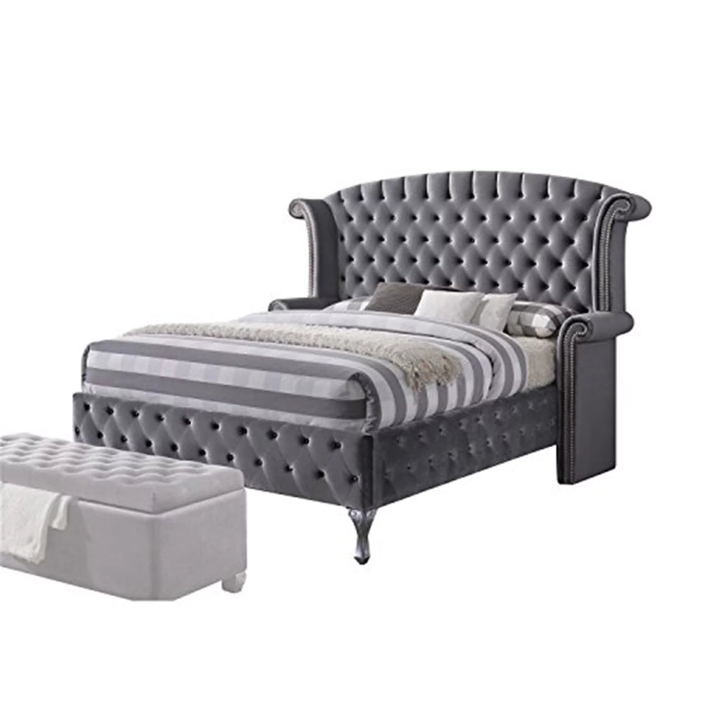 ACME Rebekah Eastern King Bed, Gray Velvet (1Set/4Ctn)-Color:Gray Velvet,Quantity:1,Style:Transitional