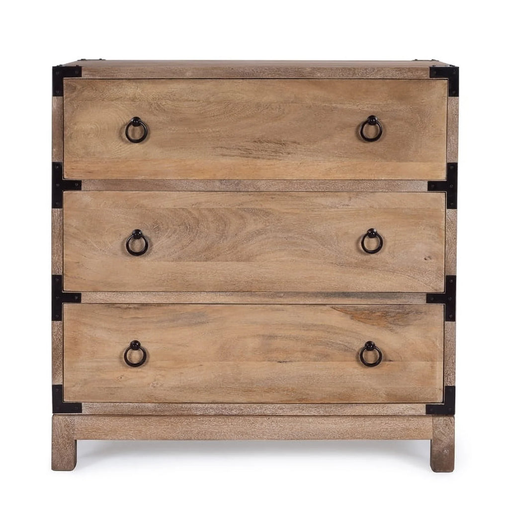 Beaumont Lane 3-Drawer Transitional Wood Campaign Chest in Natural/Dark Bronze