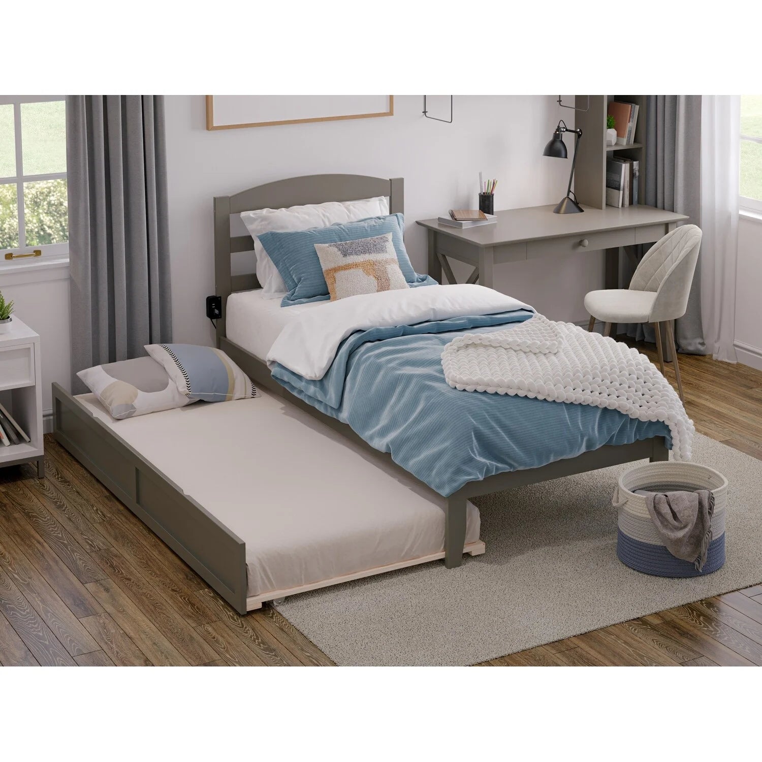 AFI Warren Solid Wood Platform Bed with Twin Trundle Grey Twin