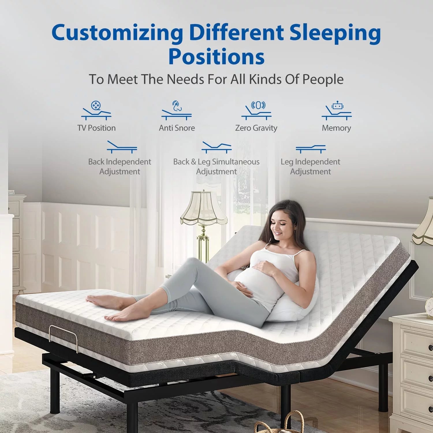 Adjustable Bed Frame Split King  Adjustable Bed Base for Stress Management  Zero Gravity Base  Head and Foot Incline with 3-Speed Massage  Anti-Snore  Memory Pre-Sets.