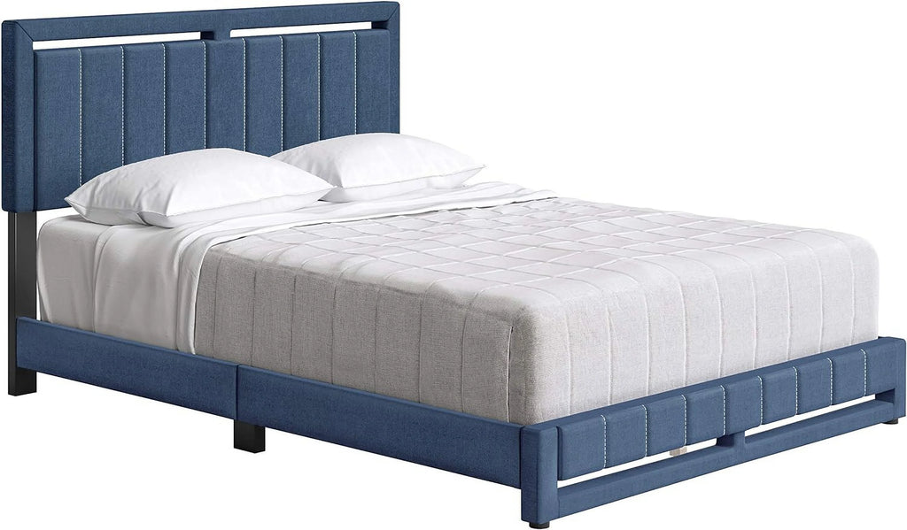 Beaumont Upholstered Platform Bed With Headboard, Mattress Foundation With Strong 14 Wood Slat Supports, No Box Spring Required, Blue Linen, Size King
