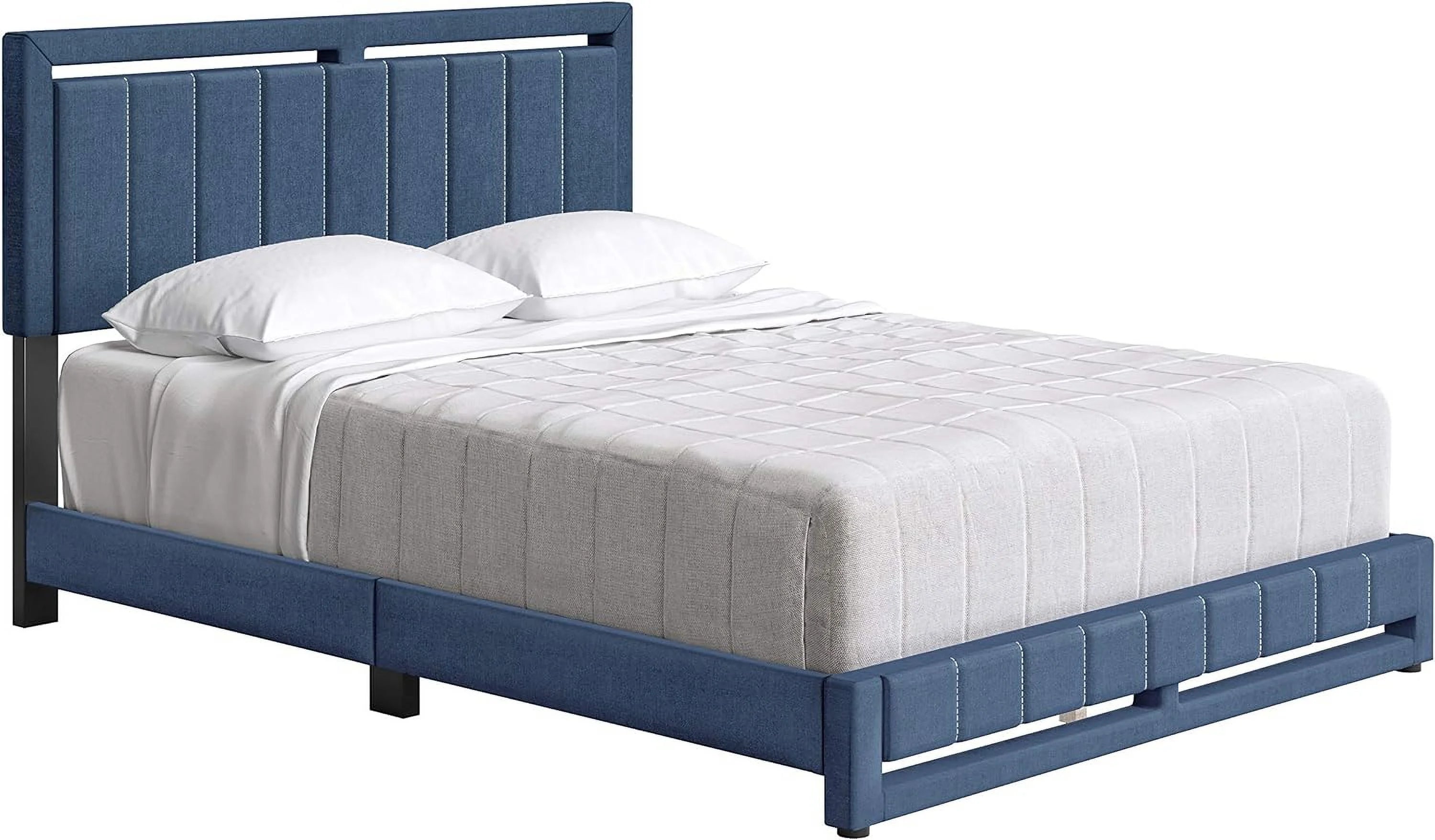 Beaumont Upholstered Platform Bed With Headboard, Mattress Foundation With Strong 14 Wood Slat Supports, No Box Spring Required, Blue Linen, Size King