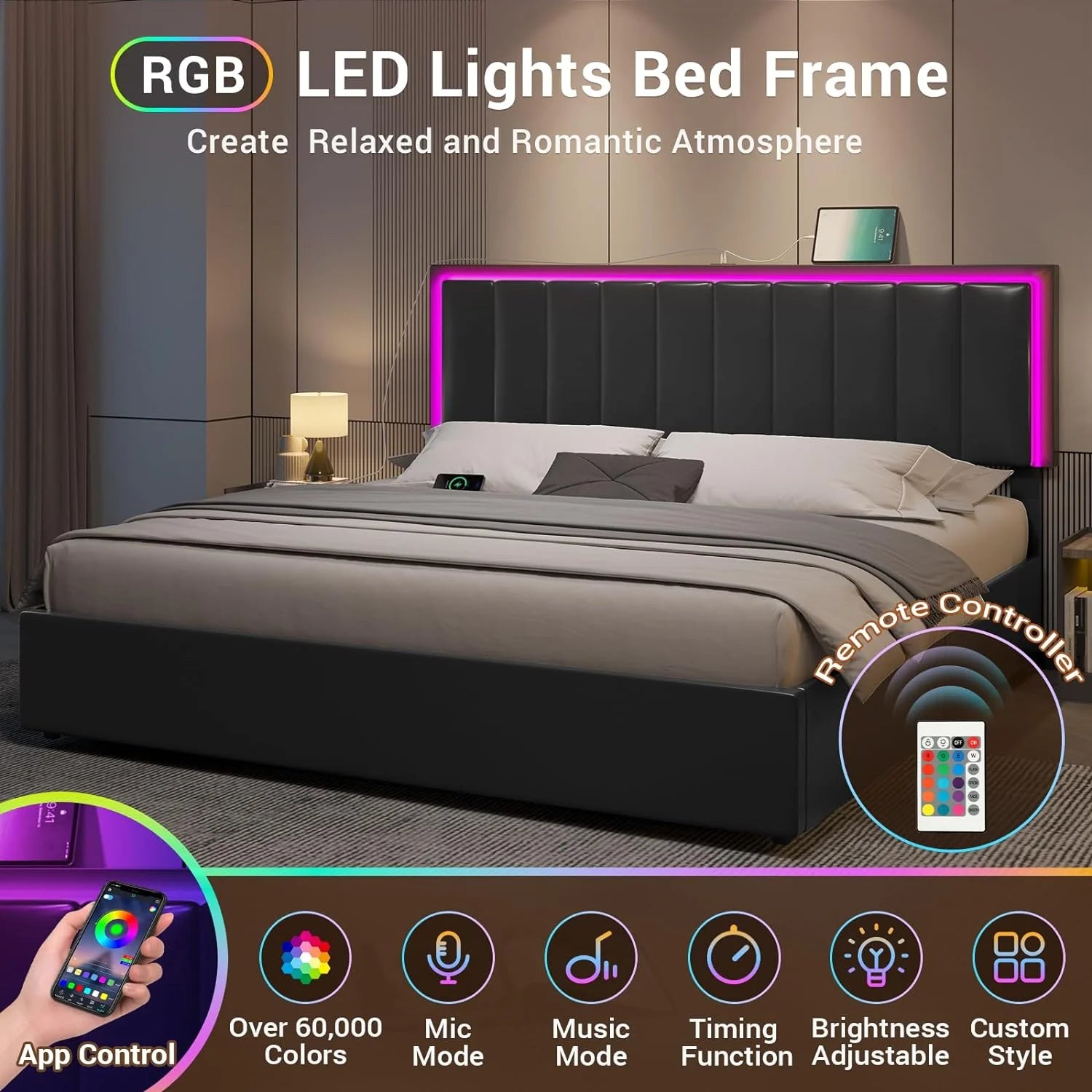 Afuhokles King Size LED Bed Frame with 4 Storage Drawers and USB and Type-C Ports, Upholstered Platform Bed Frame with Headboard, Black