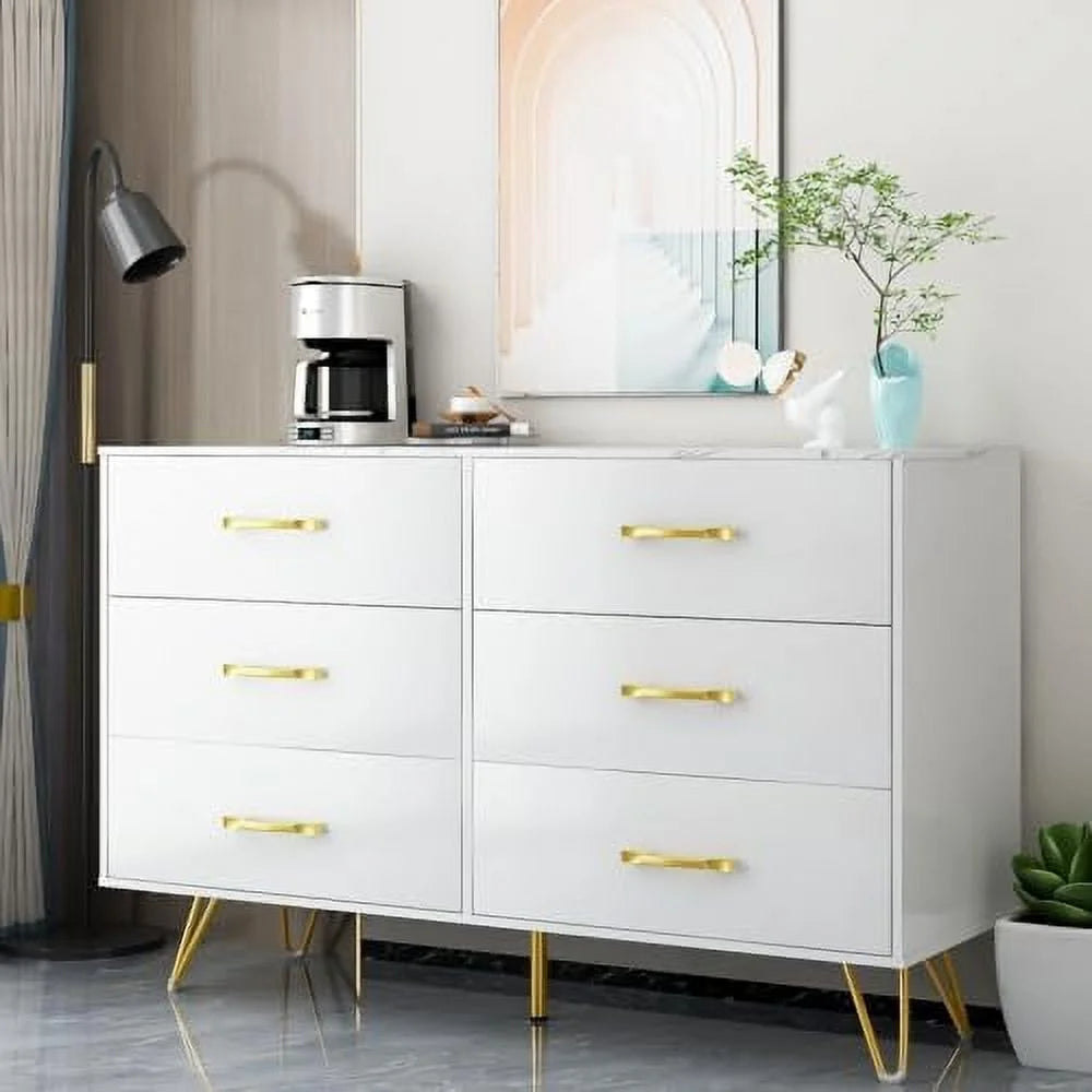 6 Drawer Dresser for Bedroom  White Dresser   Large Double Dresser with Faux Marble Top and Wide Drawers   Organizer Dresser  Chests of Drawers for Hallway  Living Room  Bedroom