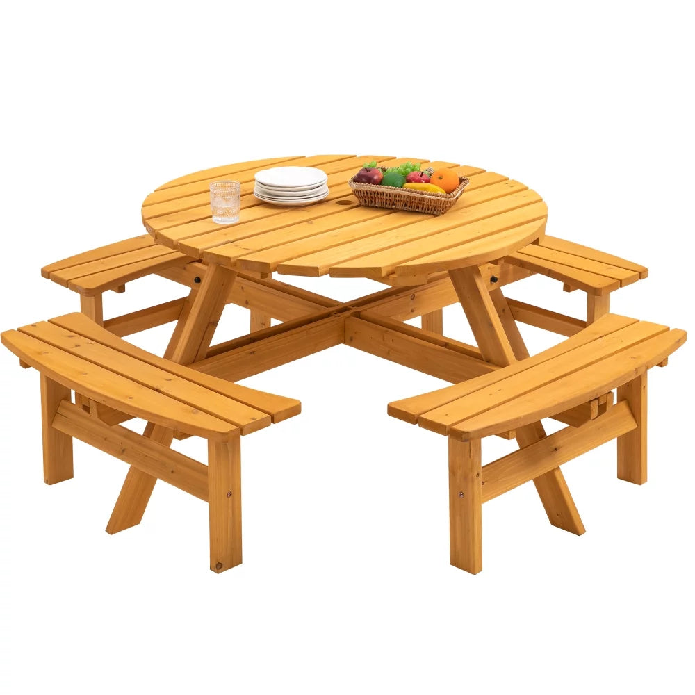 8-Person Circular Outdoor Wooden Picnic Table for Patio, Backyard, Garden, DIY w/ 3 Built-in Benches, 2000lb Capacity - Natural