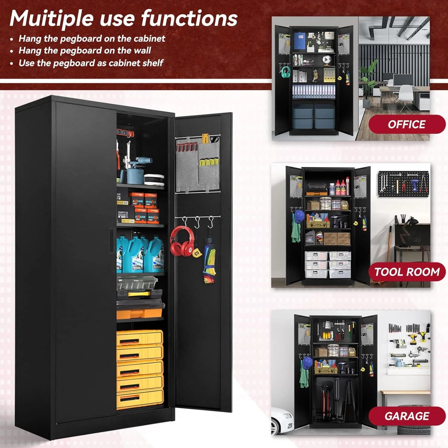 72" Metal Garage Storage Cabinet with Pegboard and Adjustable Shelves Black Multifunctional Locking Cabinet for Home, Office, Warehouse,Basement