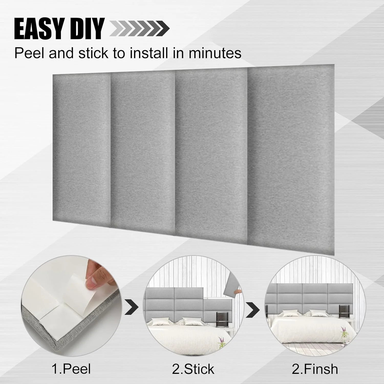 12 Pcs Panels Upholstered Wall Mounted Headboard, 3D Soundproof Wall Panels Peel and Stick Headboards for Queen Size Bed, Sized 10 x 24 Inches, Grey