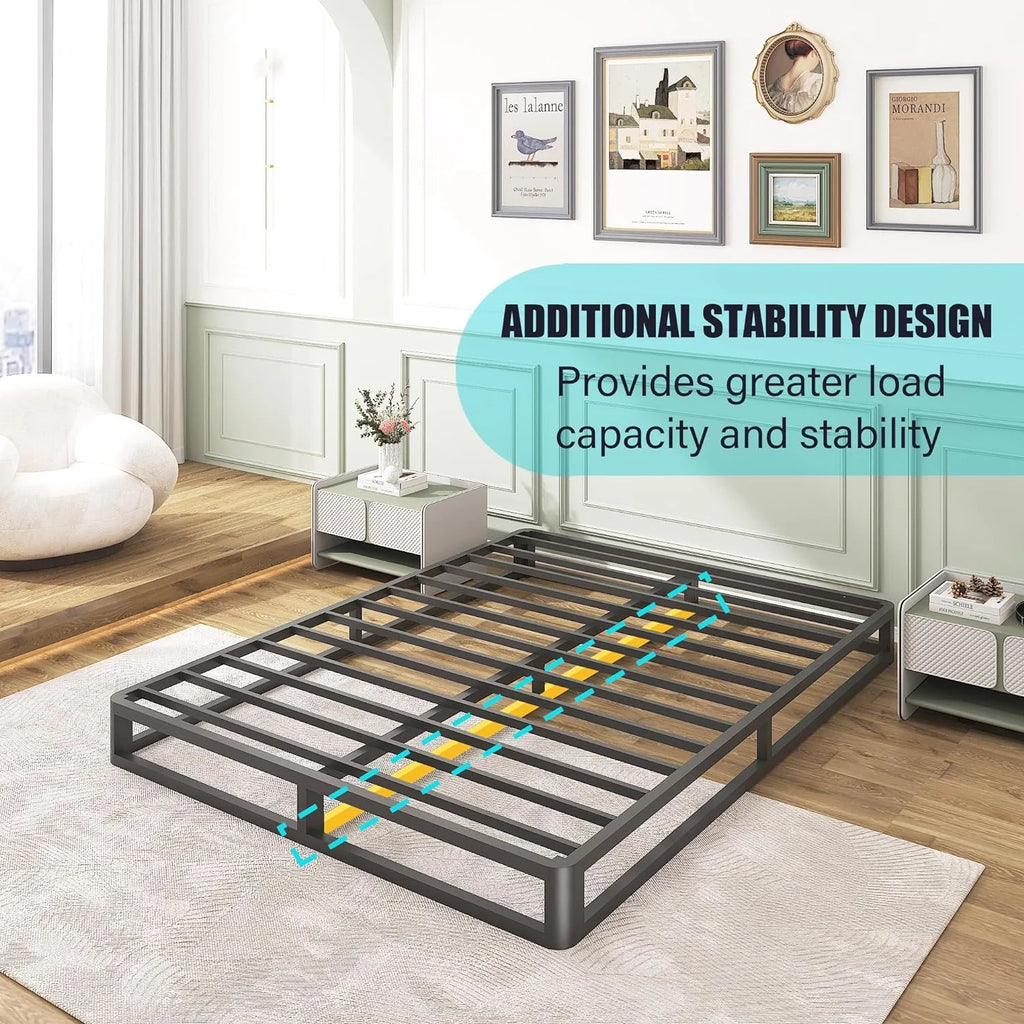 6 Inch Queen Bed Frame with Round Corner Edges, Low Profile Queen Metal Platform Bed Frame with Steel Slat Support, No Box Spring Needed/Easy Assembly/Noise Free Mattress Foundation