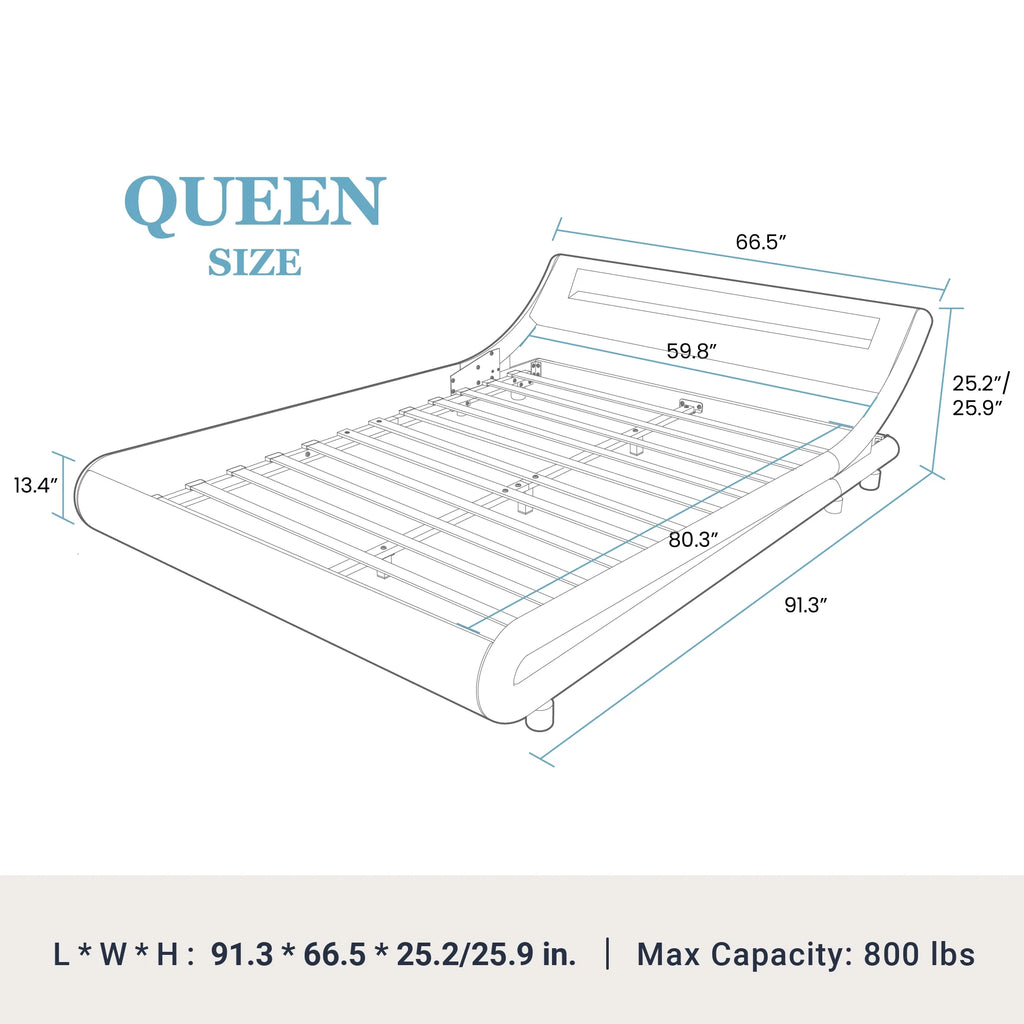 Amolife Queen Size Wave-Like Curve Deluxe Upholstered Modern Bed Frame with LED Headboard, Black