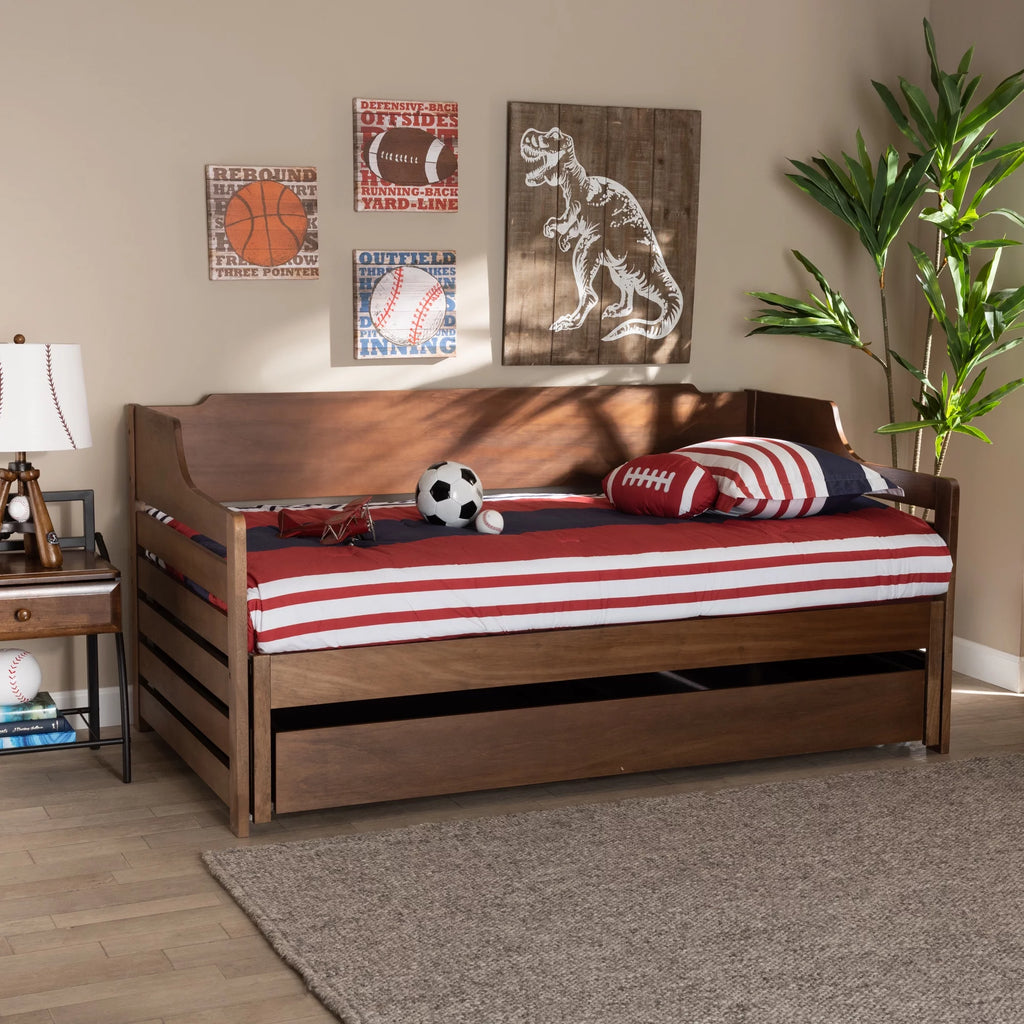 Baxton Studio Jameson Modern and Transitional Walnut Brown Finished Expandable Twin Size to King Size Daybed with Storage Drawer
