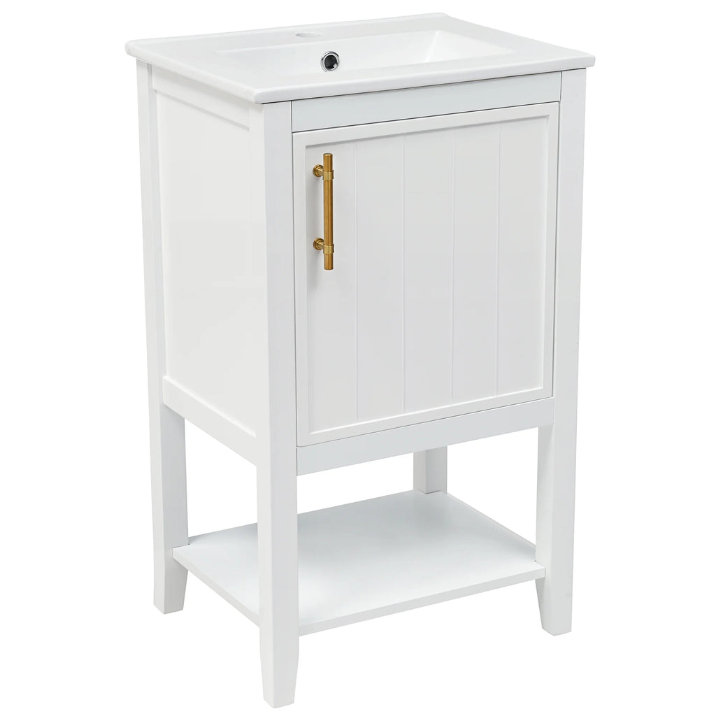 20" Bathroom Vanity with Sink, Freestanding Bathroom Storage Cabinet with Door and Open Shelf Rack, Solid Wood Cabinet Basin Vessel Sink Set