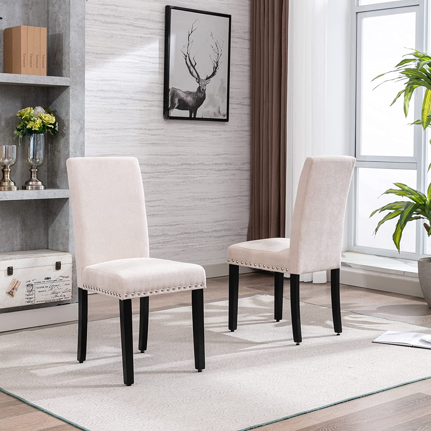 AOKHNBF Dining Chairs Upholstered Living Room Chairs Fabric Padded Parson Chair Kitchen Living Room Armless Side Chair with Silver Nails and Solid Wood Legs (Beige)