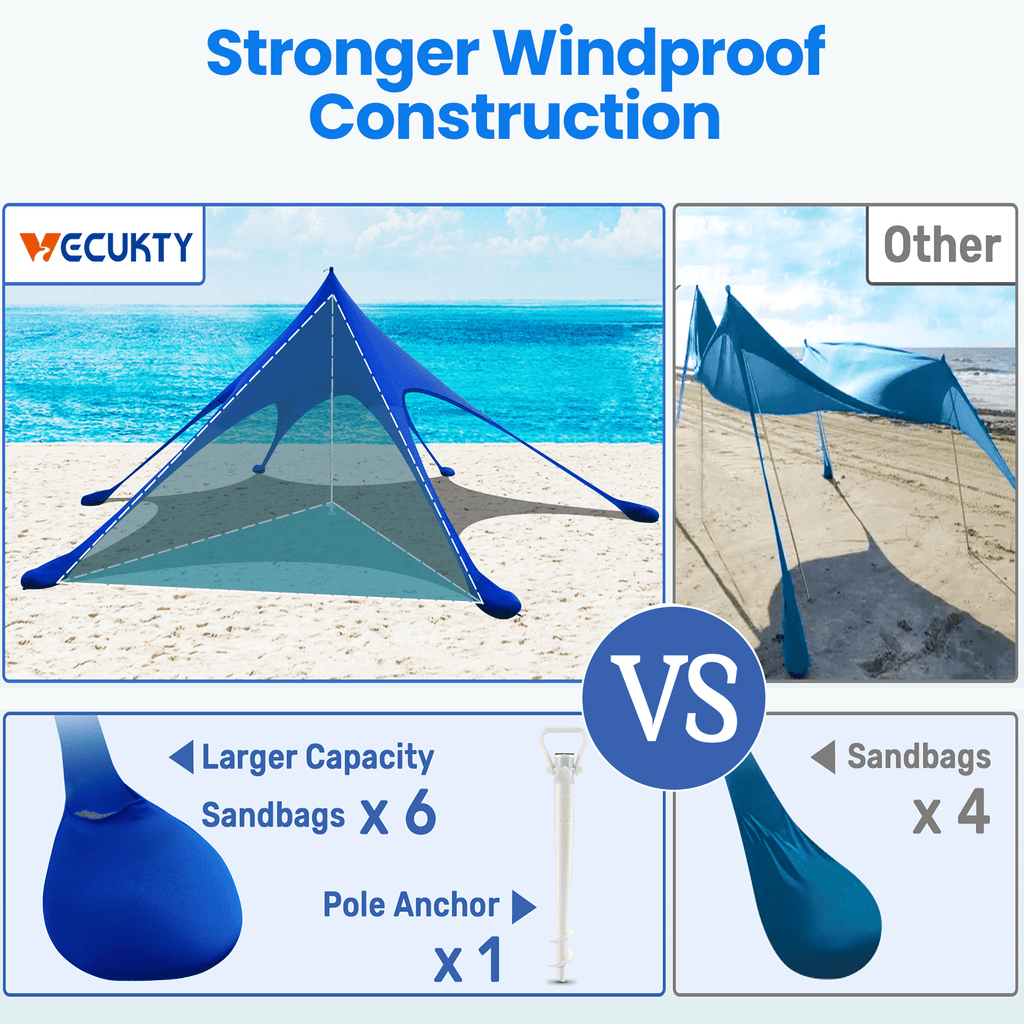 Beach Canopy Tent Sun Shade, VECUKTY 12x12 FT Beach Tent Sun Shelter UPF 50+ UV Protection with Sandbags , 1 Stability Poles and Ground Pegs and Anti-Wind Ropes,Blue