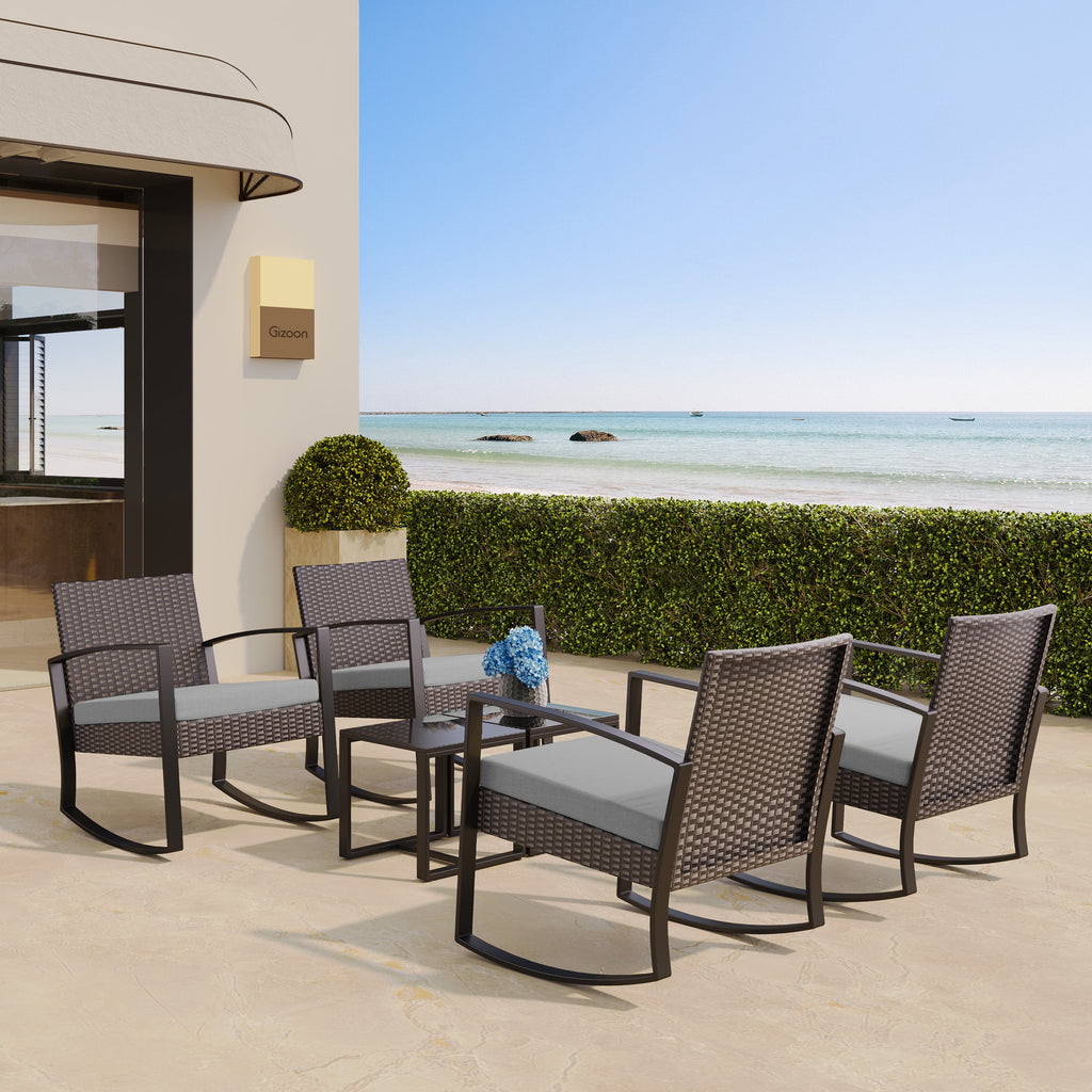 3 Piece Patio Bistro Set, Outdoor Furniture Rocking Chair Set with Glass Table, Beige Cushion