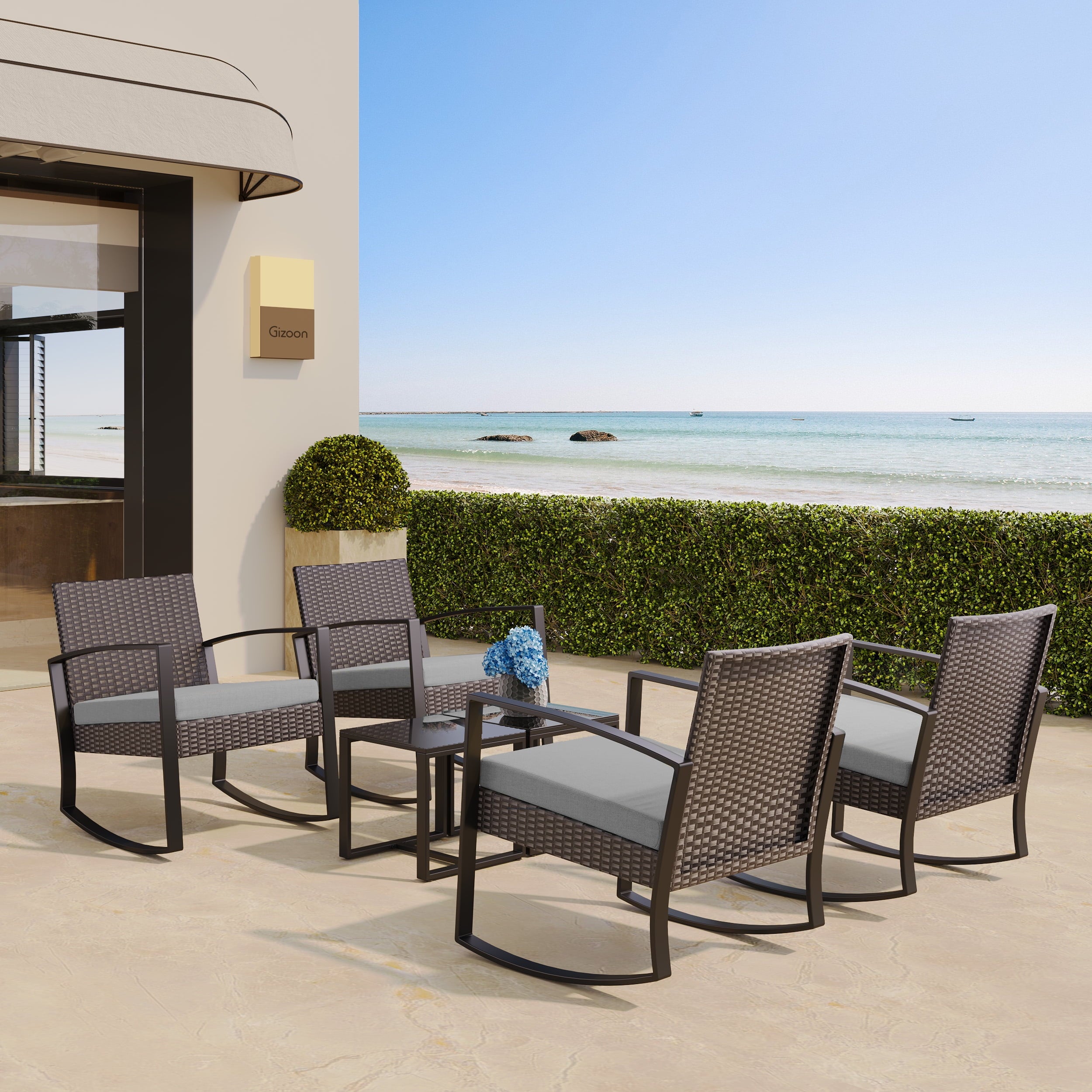 3 Piece Patio Bistro Set, Outdoor Furniture Rocking Chair Set with Glass Table, Beige Cushion