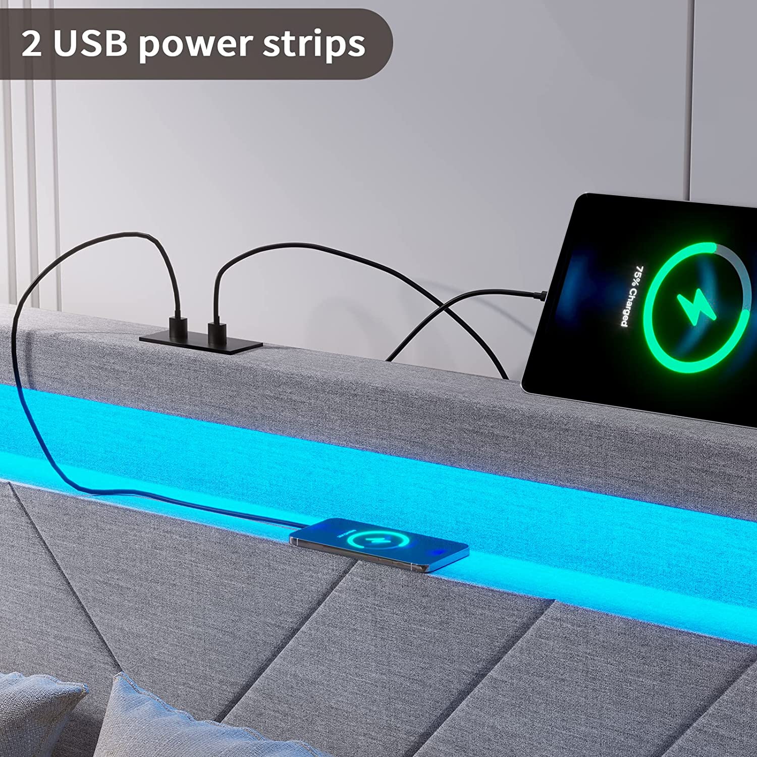 Afuhokles Queen Bed Frame with LED Lights Headboard, 4 Drawers,2 USB Charging Station, Upholstered Platform Bed, Dark Gray