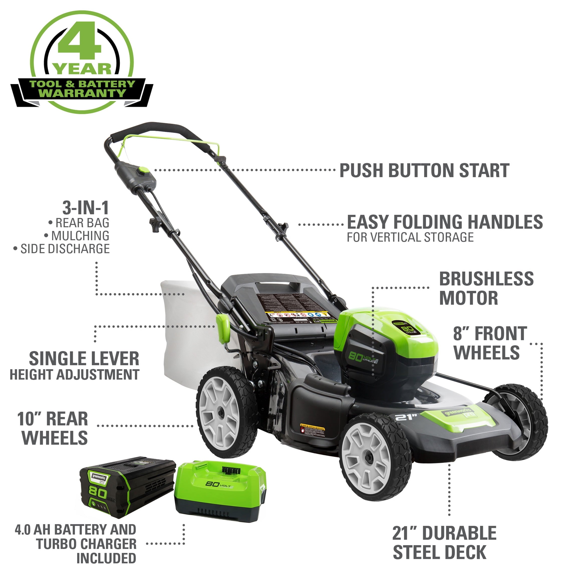 Greenworks 80V 21" Push Mower with 4Ah Battery & Charger 2501202VT