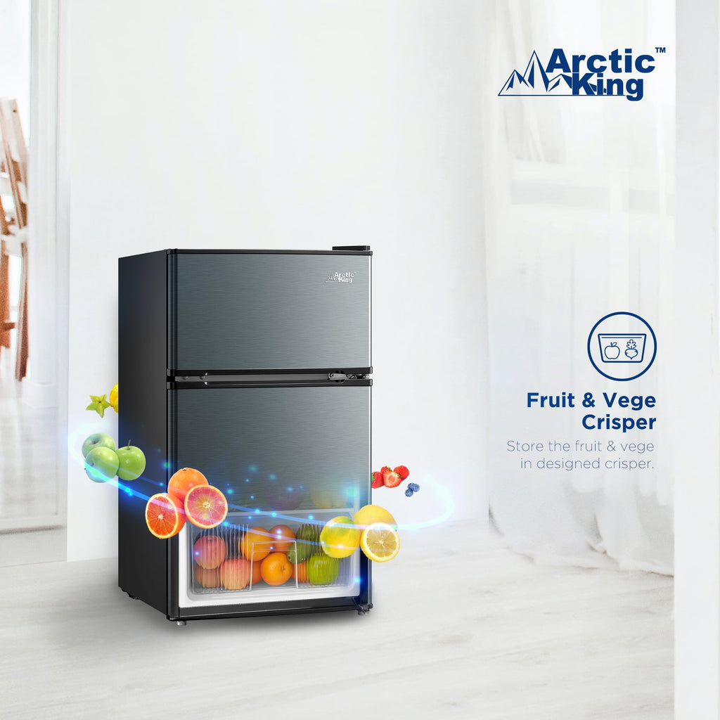 Arctic King 3.2 Cu ft Two Door Compact Refrigerator with Freezer, Black Stainless Steel look