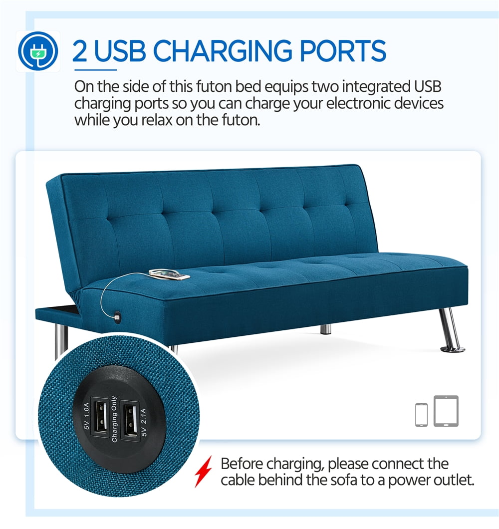 Alden Design Modern Fabric Convertible Futon with USB, Blue