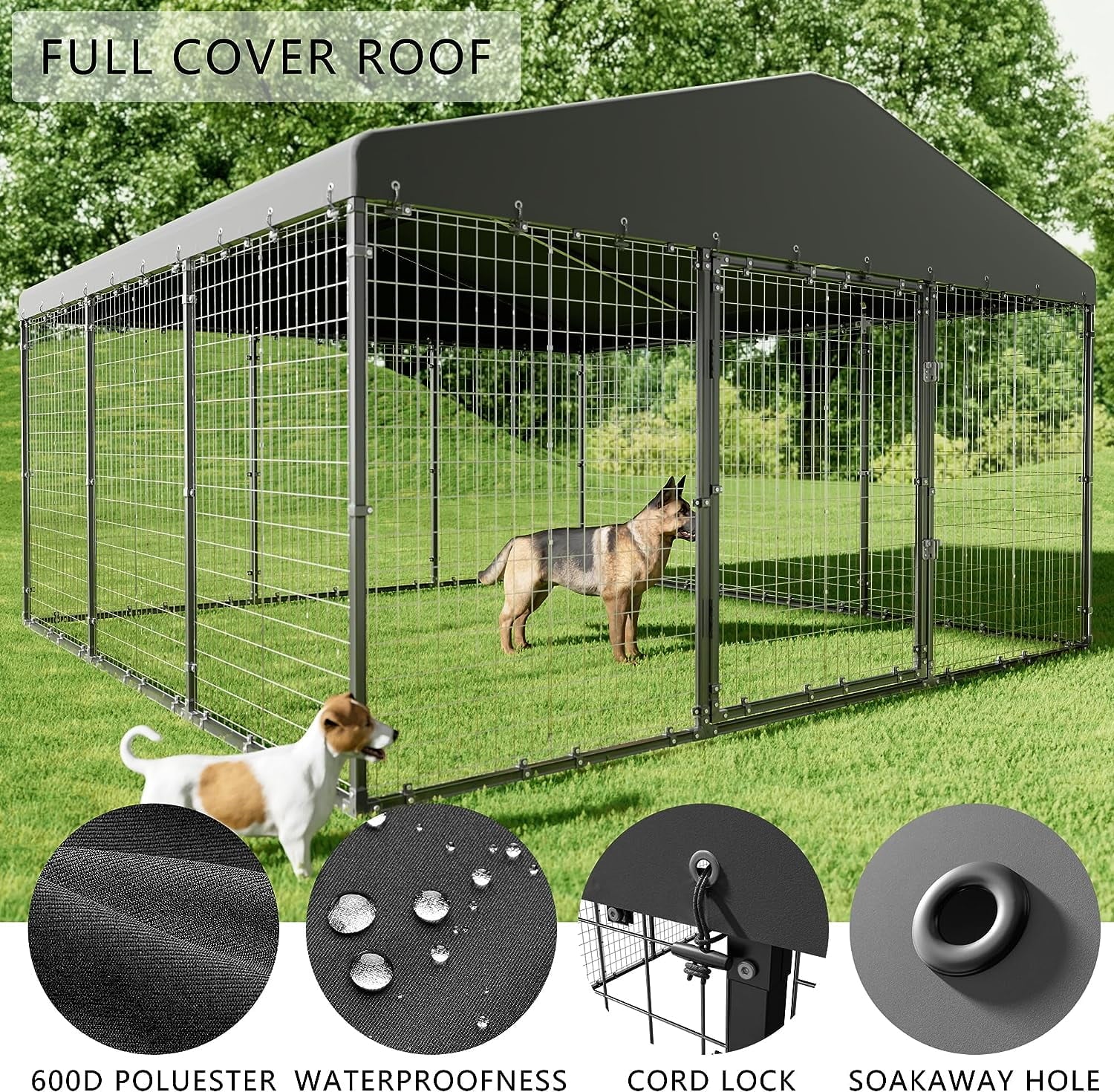 ALAULM Large Heavy Duty Outdoor Dog Kennel, Galvanized Steel Dog Kennel Fence with Roof and Double Safety Locks