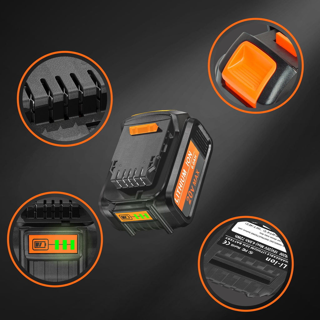 2 Pack DCB200 20V 6.0Ah Battery Replacement for Dewalt 20V Battery DCB206 DCB205 DCB204