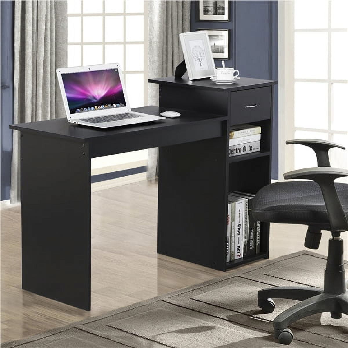 Alden Design Home Office Workstation Computer Desk with Drawer and Storage, Black