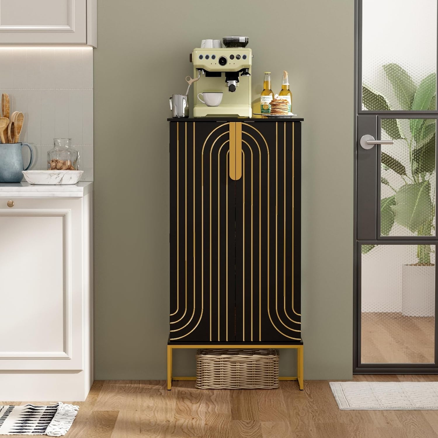 46.5'' Accent Wood Kitchen Pantry with Doors, Storage Cabinet with Adjustable Shelves, Food Pantry Cabinet for Kitchen, Dining Room, Living Room and Garage, Metal Legs,Black