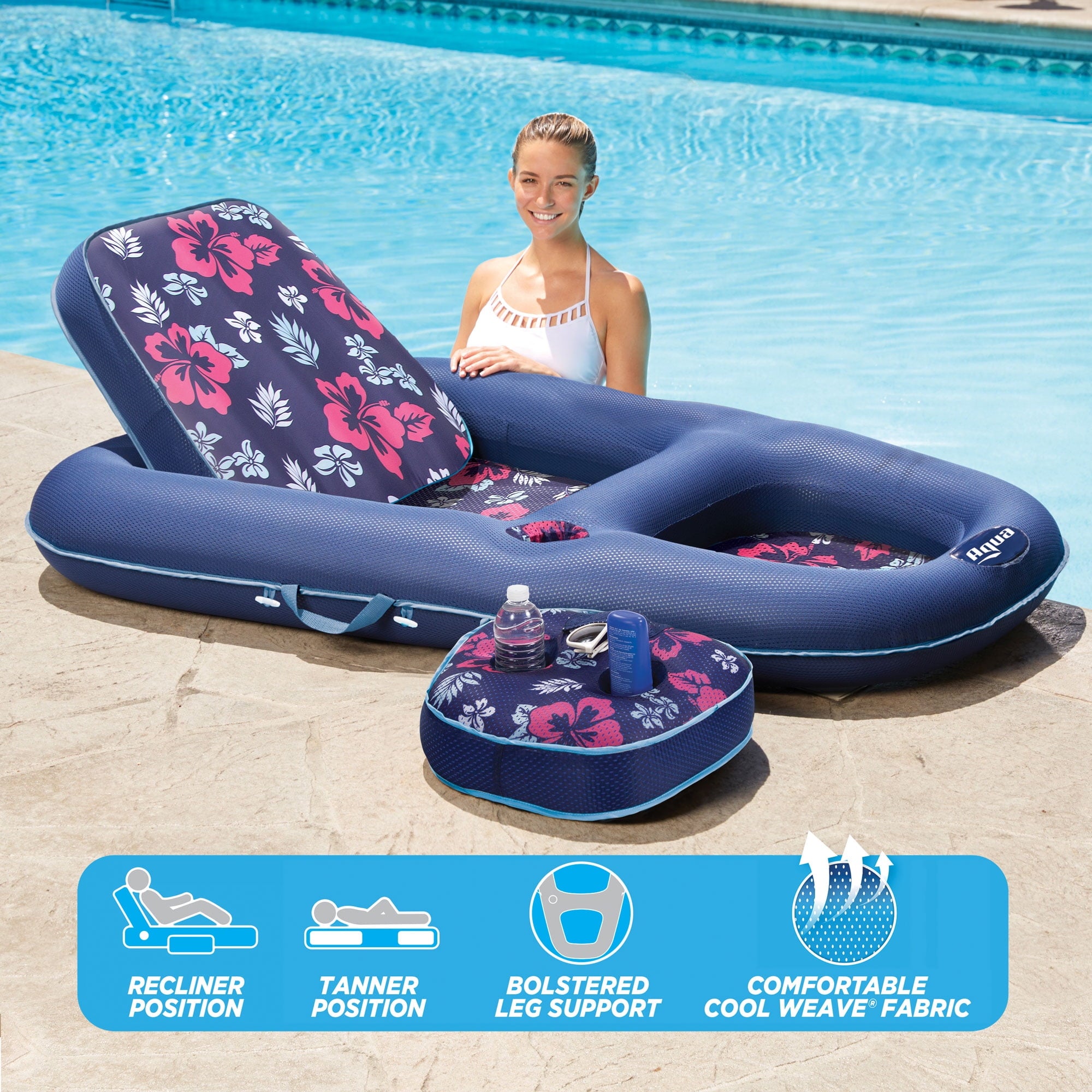 Aqua Leisure Campania Convertible 2 in 1 Pool Float Lounge/Caddy, Teal Hibiscus